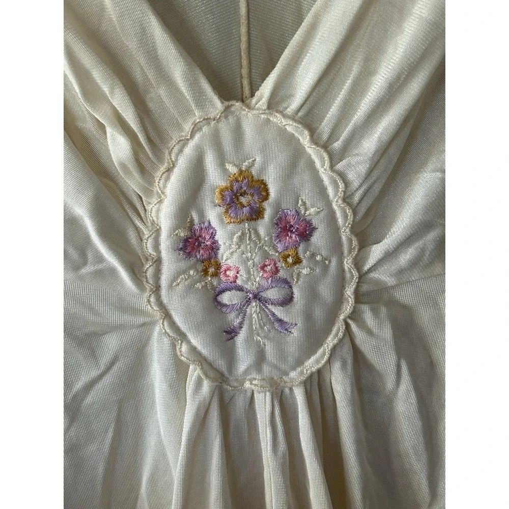 Vintage Binni Ivory Sleeveless Nylon Maxi Night Gown Floral Embroidered Size M - Picture 2 of 7